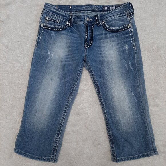 Miss Me Women's Blue Low Rise Thick Stitch Flap Pockets Cropped Denim Jeans - Picture 3 of 11